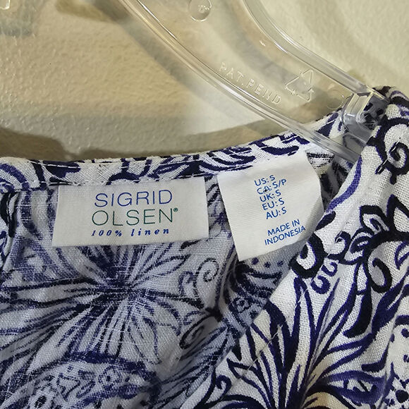 Sigrid Olsen Floral Paisley Print Linen Sun Dress Pockets Blue White Size Small - Picture 3 of 7